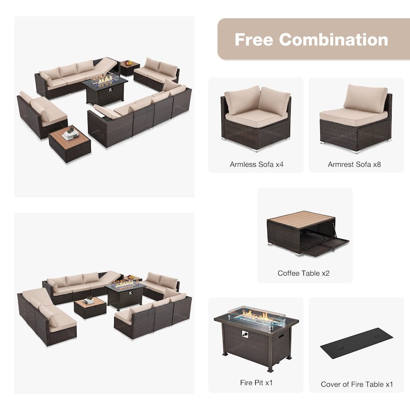 12-Person Patio Conversation Set with Fire Pit Table, All-Weather Wicker Outdoor Furniture