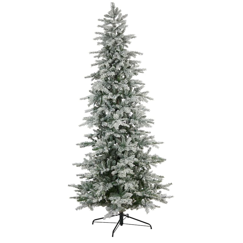 8.5' Pre-Lit Slim Flocked Spruce Artificial Christmas Tree, Warm White LED Lights - 8.5 Foot