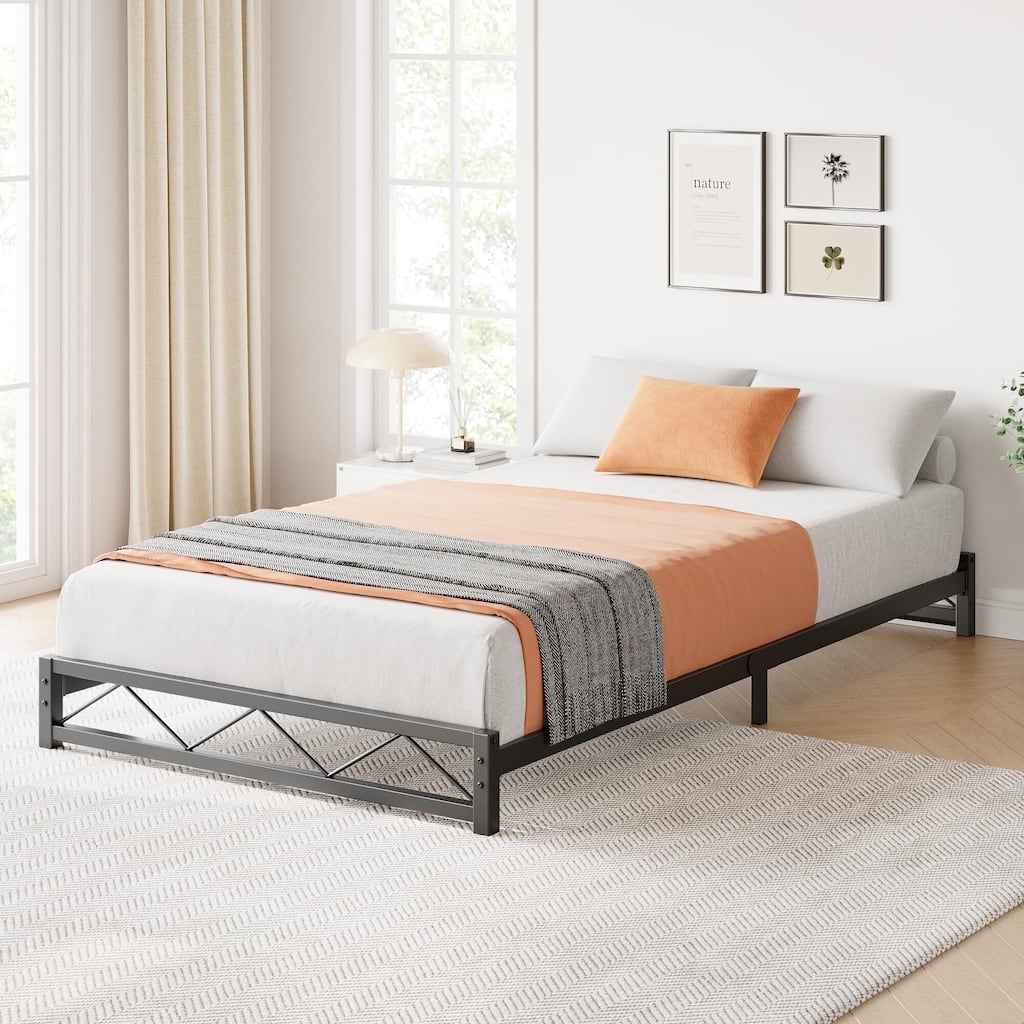 6 Inch Metal Platform Bed Frame with Wavy Pattern, King Bed Frame with Steel Slat Support