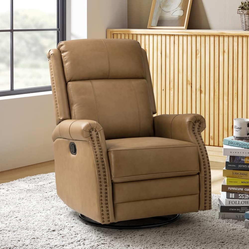 Alina Modern 20''w Genuine Leather Swivel Rocker Nursery Manual Recliner Chair with Rolled Arms by HULALA HOME