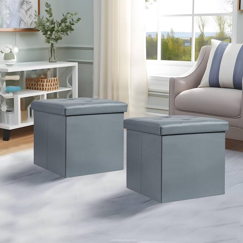 2 PC Storage Folding Ottoman, Storage Footrest Stool, Faux Leather Storage Bench Cube with Padded Seat for Small Space