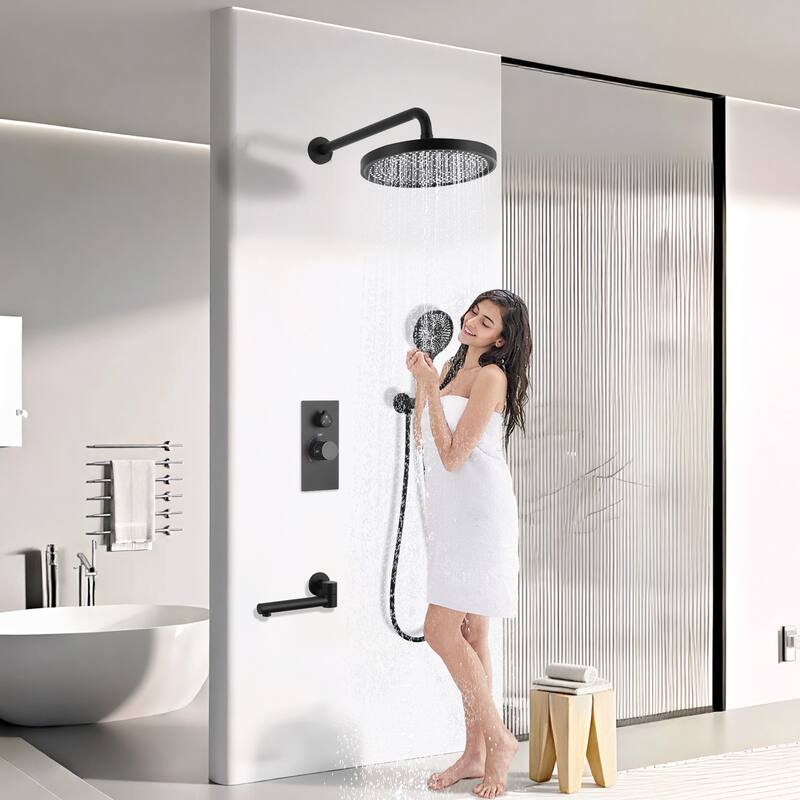 Luxury 3-Function Shower System Set - Solid Brass Control Valve, 10" Overhead Shower, 3-Spray Handheld