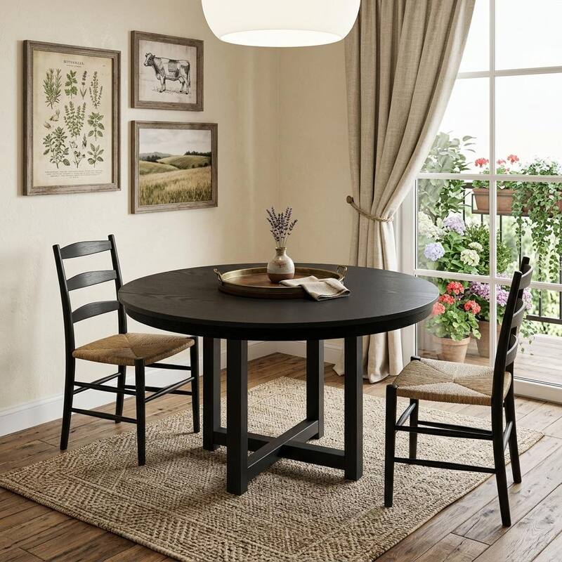 HomeRoots 45" Black Solid Wood Cross Leg Base Round Top Dining Table - 45.00 in. x 30.00 in. x 45.00 in. - Black - 45.00 in. x 30.00 in.  x 45.00 in.