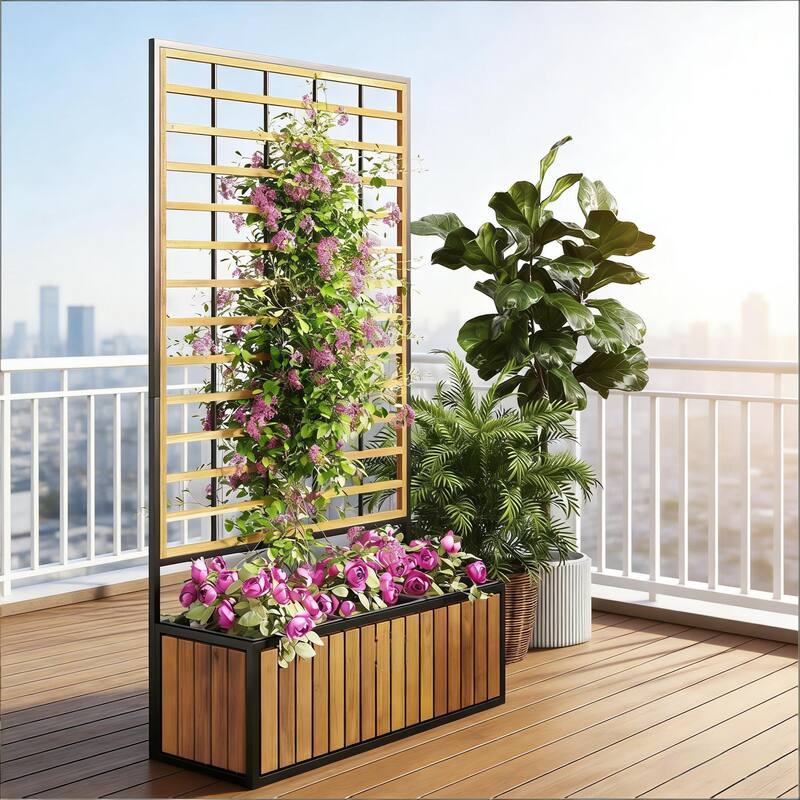 Outdoor Wood Planter Box Planter Pot with Trellis and Drainage Design