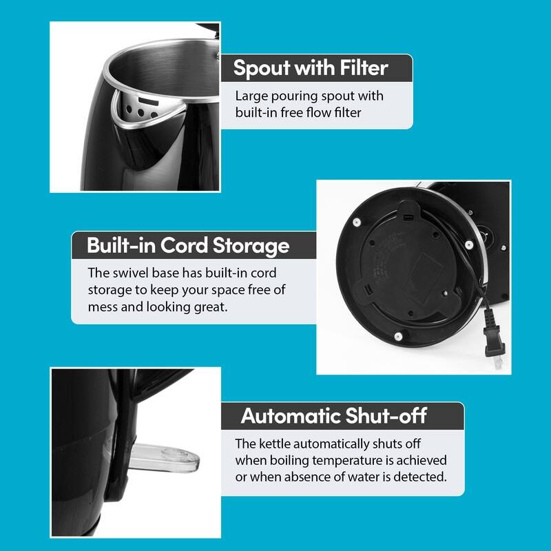 Elite Gourmet 1.8L Cool-Touch Electric Kettle with Stainless Steel Interior, Black