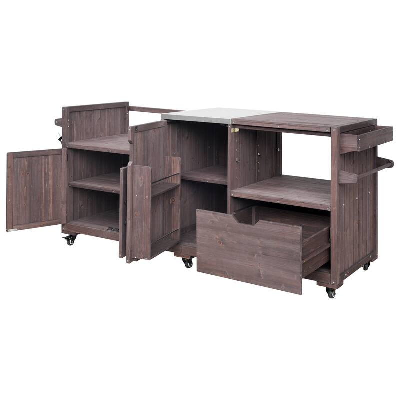 80.5"Kitchen Island,Solid Wood Grill Cart with Stainless Steel Top,Drawer for Large Big Green Egg and 21"/28"Blackstone Griddle