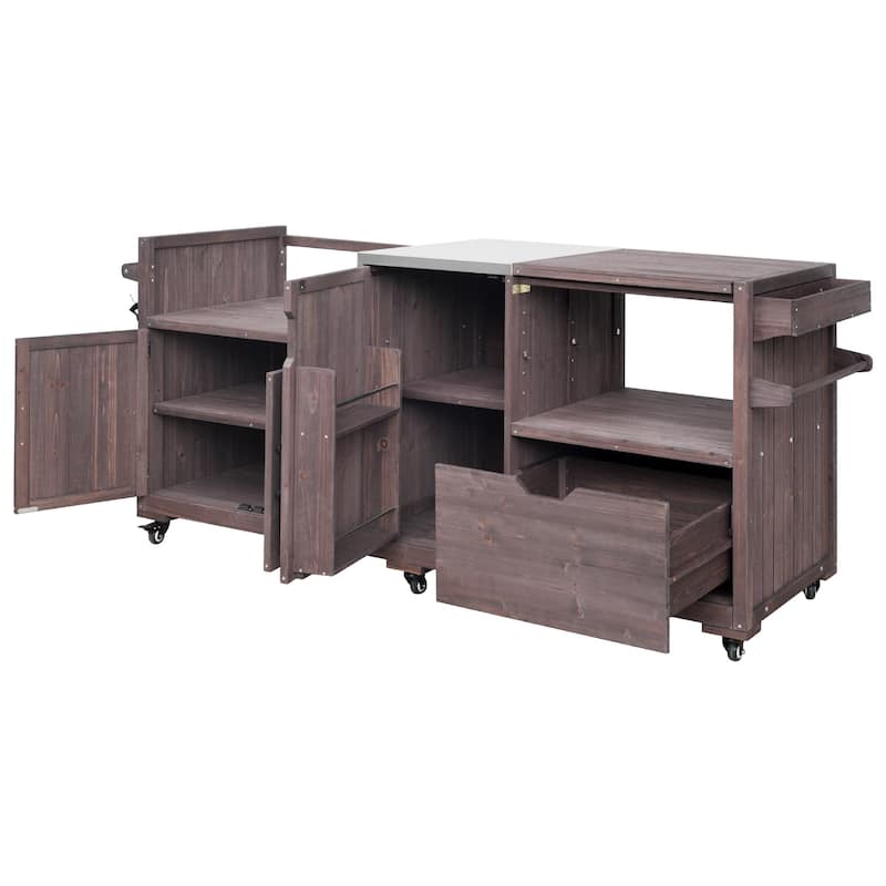 Solid Wood 80.5" Outdoor Kitchen Island for Big Green Egg& Blackstone Griddle, Grill Cart Table with Stainless Steel Top