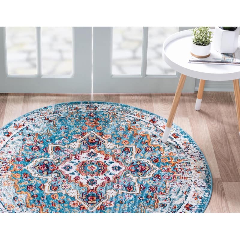 Traditional Kosmas Collection Area Rug - Turquoise - 5'3" Round