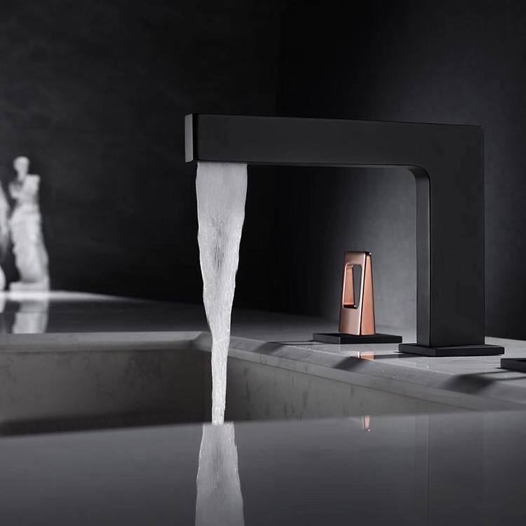 matte black two rose-gold handle bathroom basin faucet with pop up overflow brass drain - 7'6" x 9'6"