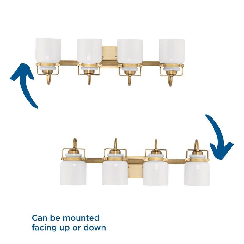 Fessler Collection Four-Light Vintage Brass Opal Glass Farmhouse Bath Light - 29.12 in x 7.12 in x 9.12 in