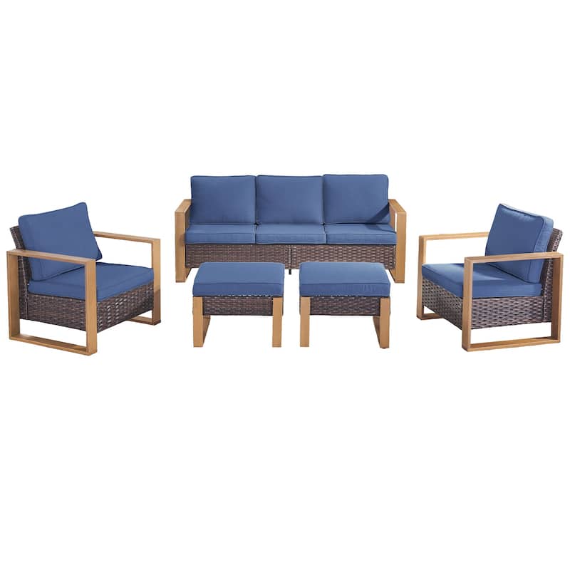 Pocassy 5 Pieces Outoor Patio Sofa Club Chair Ottoman Set