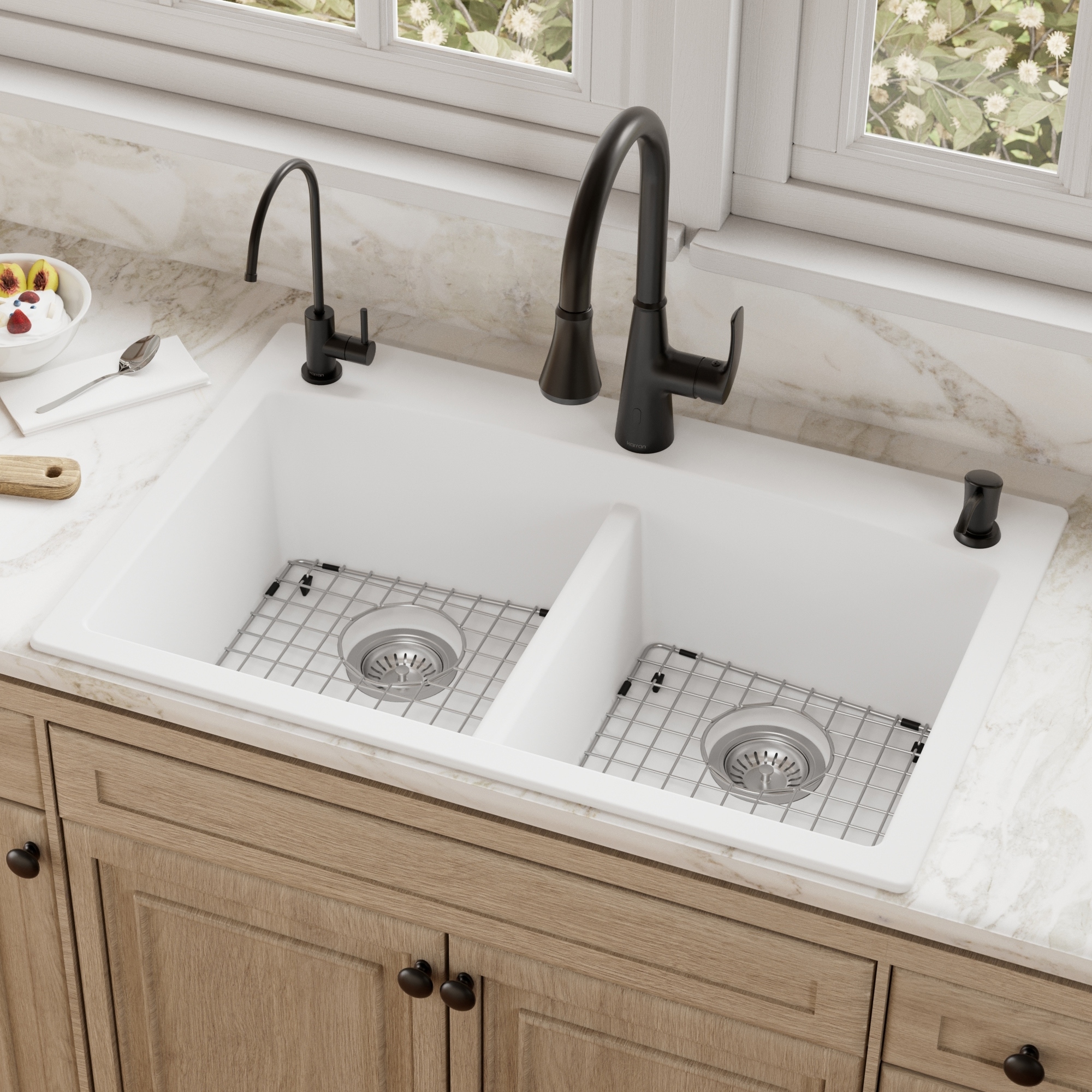 Karran Drop-in Quartz 33 in. Double Bowl 50/50 Kitchen Sink Kit