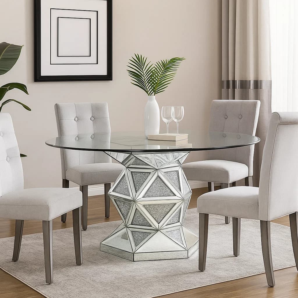 Round Dining Table with Faux Crystals Inlay and Pedestal Base, Silver
