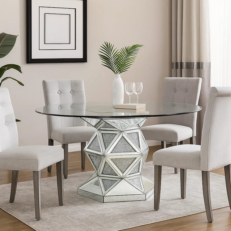 Round Dining Table with Faux Crystals Inlay and Pedestal Base, Silver