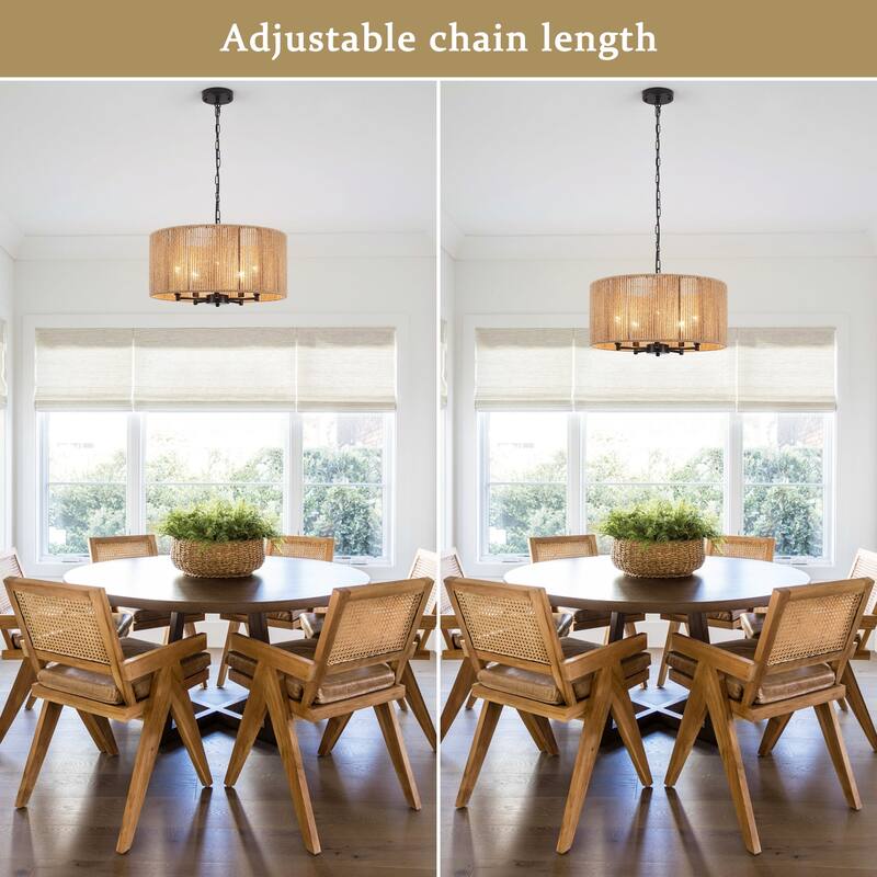 5-Light W19.25" x H68.89" Rattan Chandelier for Dining Room Kitchen