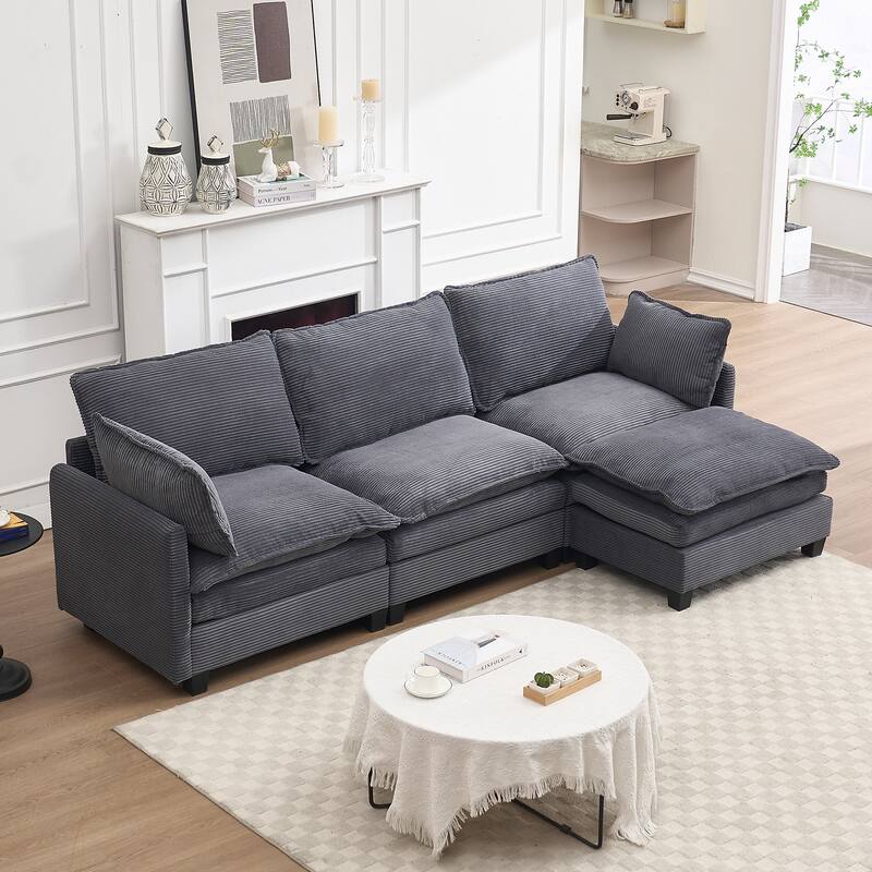 Modular Sofa , Velvet Large U-Shaped Couch Comfy Upholstered 3-Seat Sofa with 1Ottoman, 2 Lumbar Pillow, Deep Seat Couch