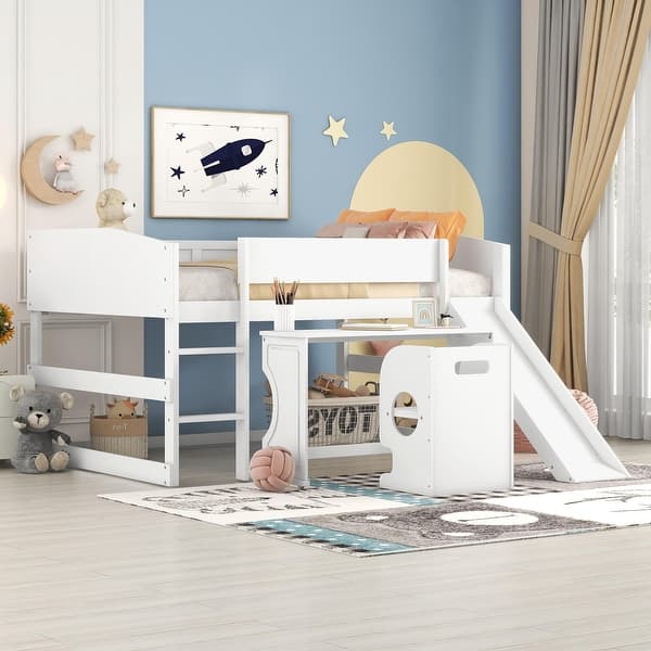 slide 2 of 9, Full Size Low Study Loft Bed with Rolling Portable Desk and Chair,Multiple Functions Bed for Kids White