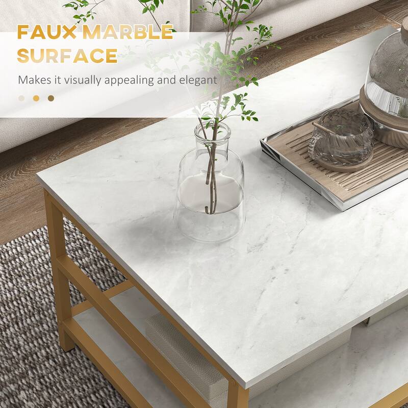Coffee Tables Set of 2, 2-Rier Rectangle and Round Coffee Table with Storage Shelves, Faux Marble Top and Steel Frame