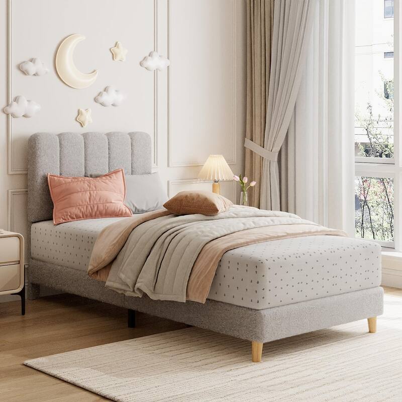 Twin Upholstered Platform Bed Frame with Wave Headboard, Wood Slats, No Box Spring Needed, for Kids or Teens