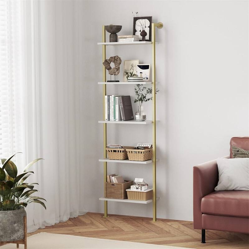 5 Tier Bookshelf Solid Wood Ladder Shelf - 11"D x 17.7"W x 69.9"H