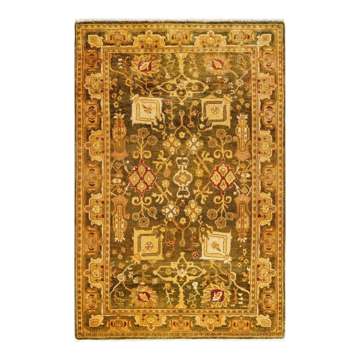 Overton Hand Knotted Wool Vintage Inspired Traditional Ottoman Gold Area Rug - 4' 1" x 6' 2"