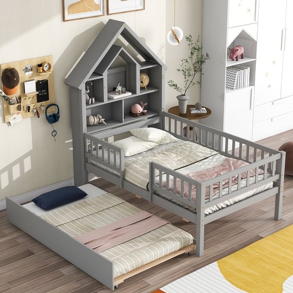 slide 2 of 9, Gray Pine Wood Twin Size House-Shaped Bed with Trundle and Storage Headboard