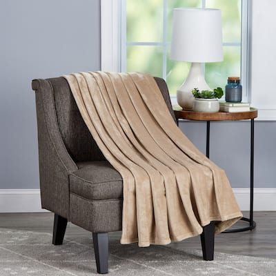 Oversized Microfiber Velvet Solid Polyester Throw Blanket - Breathable and Machine Washable by Lavish Home (Tan)