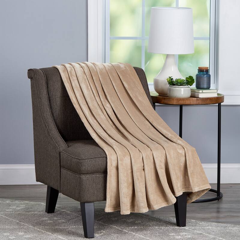 Velvet Throw - Oversized Solid Microfiber Polyester Blanket for Year-Round Warmth by Windsor Home - Desert Tan