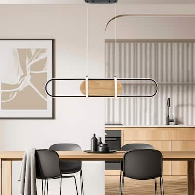 Rounded Rectangle Satin Black & Wood Chandelier - N/A