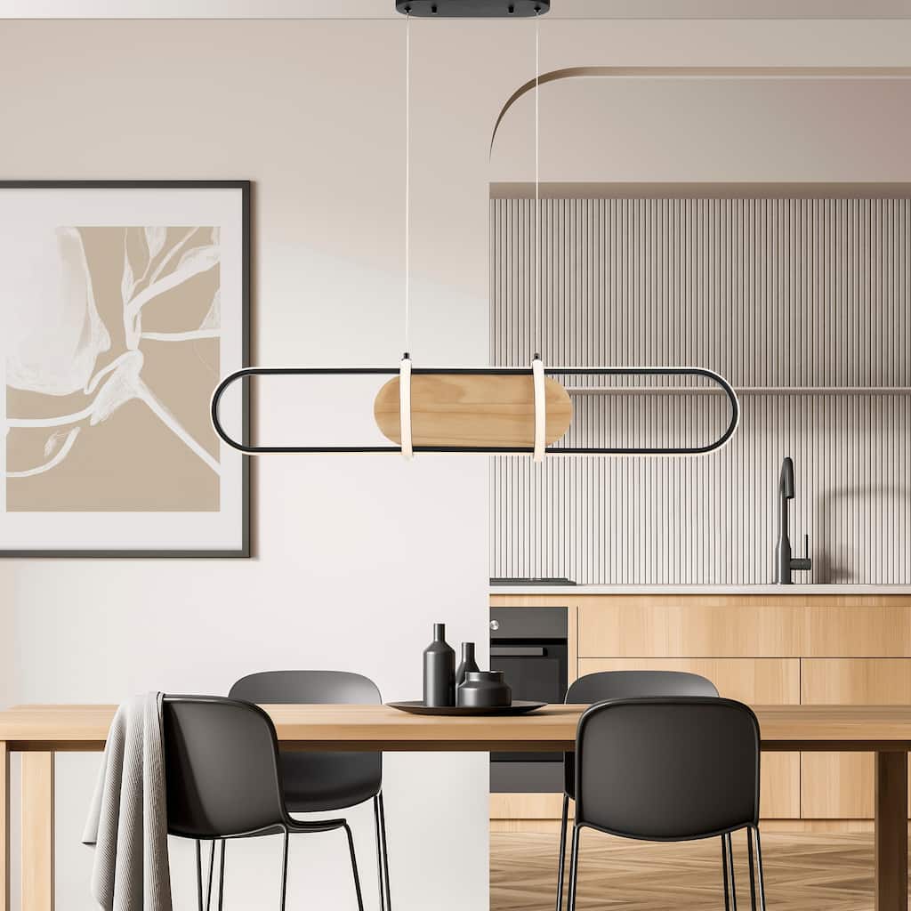 Rounded Rectangle Satin Black & Wood Chandelier - N/A