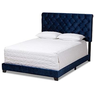 Farmhouse Velvet Bed Frame with Headboard - Navy Blue Upholstered Bed, Chrome Accents, Solid Wood Construction, Queen Size