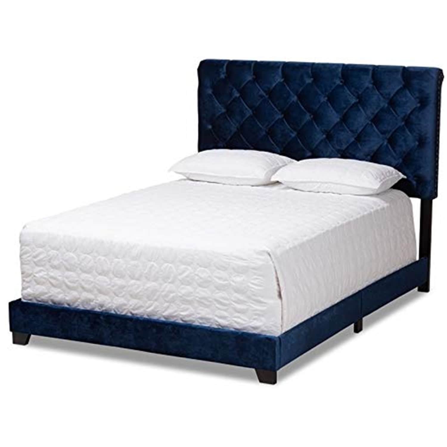 Farmhouse Velvet Bed Frame with Headboard - Navy Blue Upholstered Bed, Chrome Accents, Solid Wood Construction, Queen Size