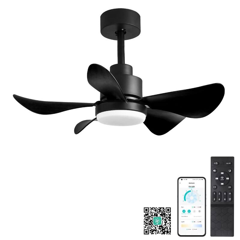 28 inch Ceiling Fan with Light Remote APP Control 5 Blades 3 Dimmable 6 Speed Bedroom - Black