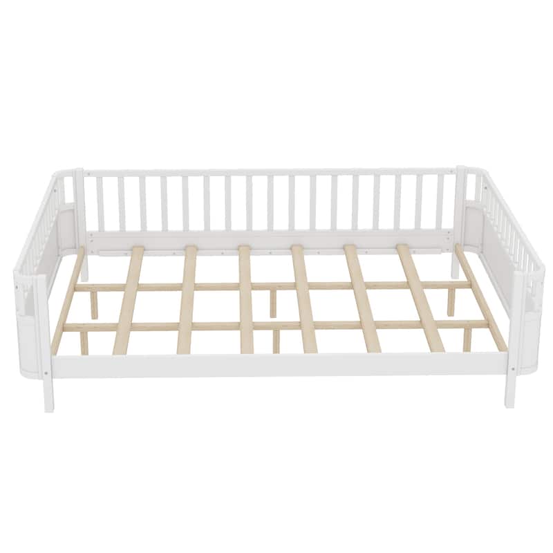 Multi Size Low Platform Bed for Kids with Rounded Corners Guardrails, Detachable Right-side Fence and Open Left-side Design