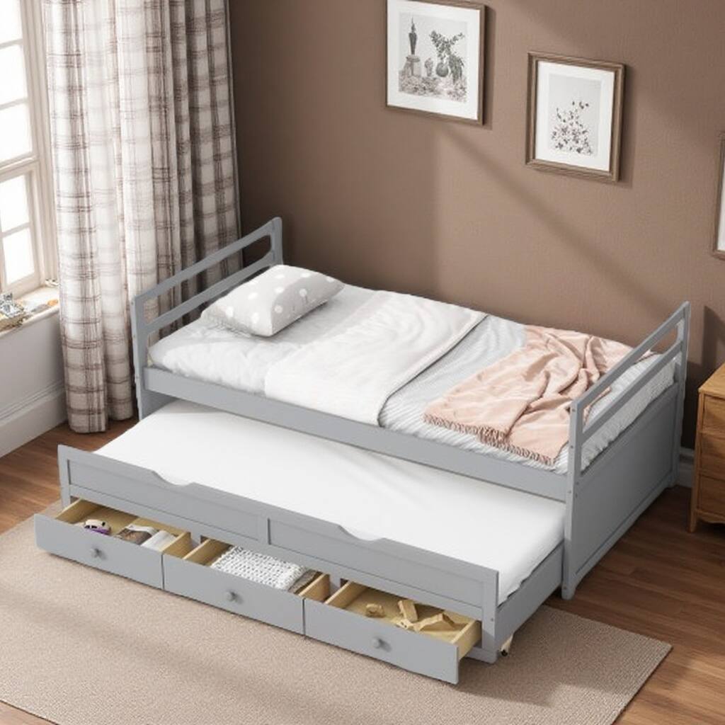 Twin Size Pine Wood Bed with Pull-Out Trundle, Three Storage Drawers, Headboard & Footboard, Space-Saving