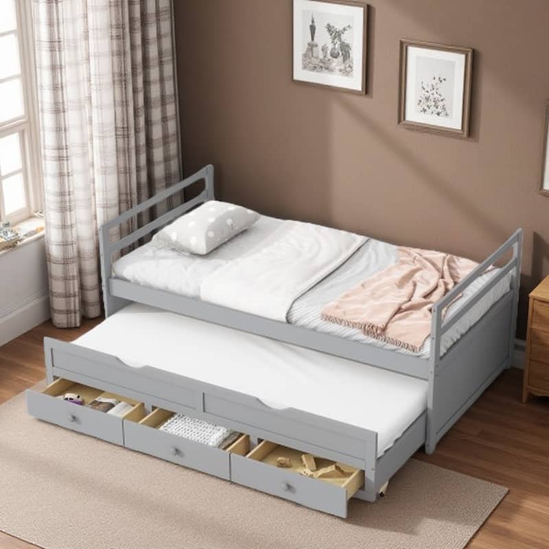 Twin Size Pine Wood Bed with Pull-Out Trundle, Three Storage Drawers, Headboard & Footboard, Space-Saving - Grey