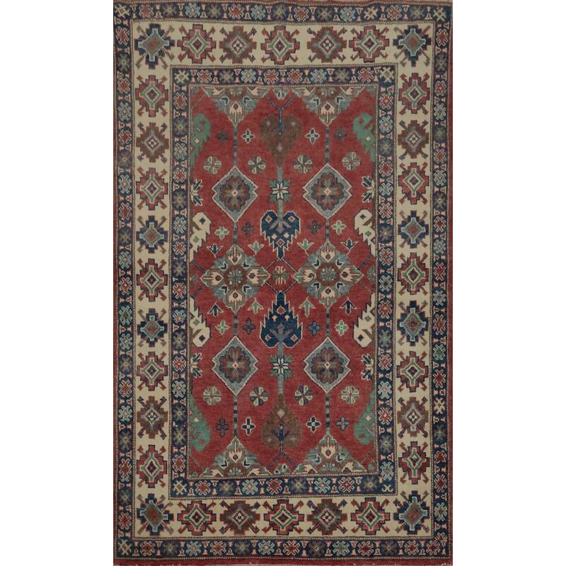 Hand Knotted Oriental 100% Wool Carpet Traditional Geometric Red Kazak Area Rug - 5' 9'' X 3' 10''