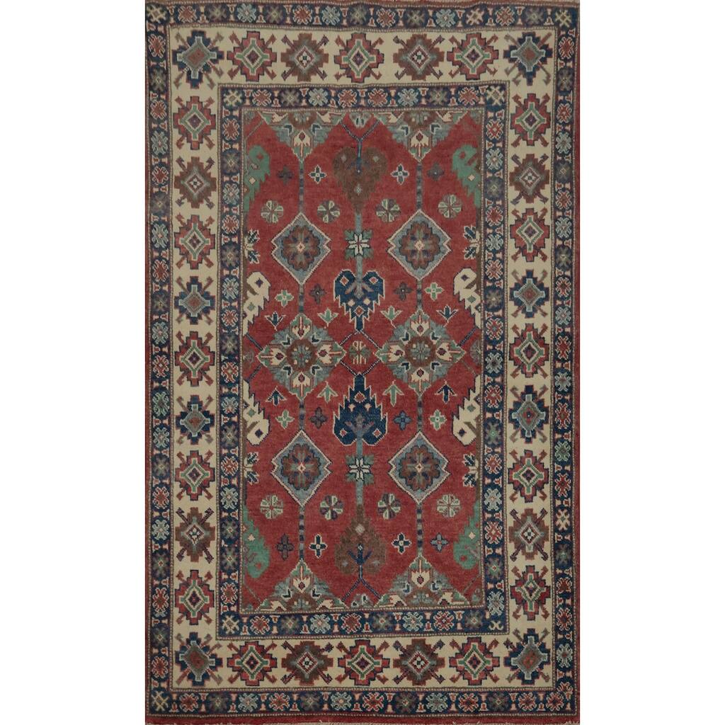 Hand Knotted Oriental 100% Wool Carpet Traditional Geometric Red Kazak Area Rug - 5' 9'' X 3' 10''