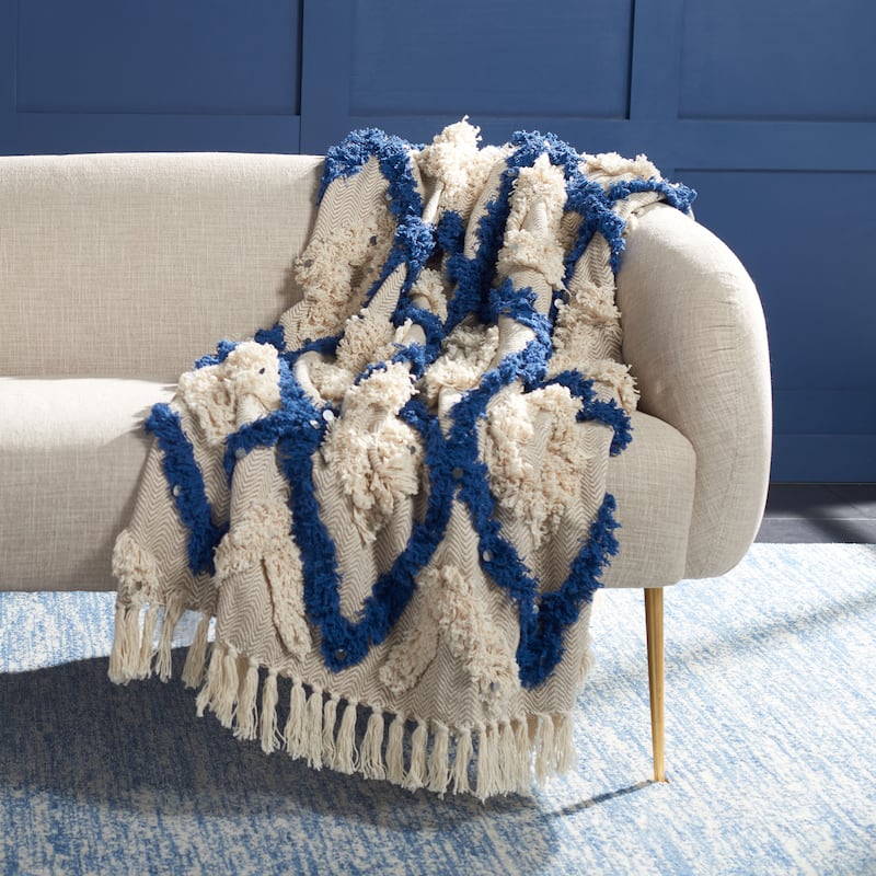 SAFAVIEH Sabah Grace Geometric Pattern Fluffy Tufted Pure Cotton Throw - Navy/Beige - 50Wx60L