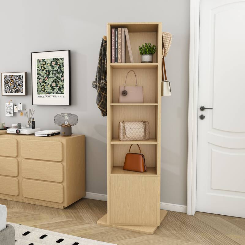 Anmytek 360 Rotating Jewelry Cabinet, Full Length Mirror Standing Storage Cabinet with Coat Rack and Open Shelves, Walnut
