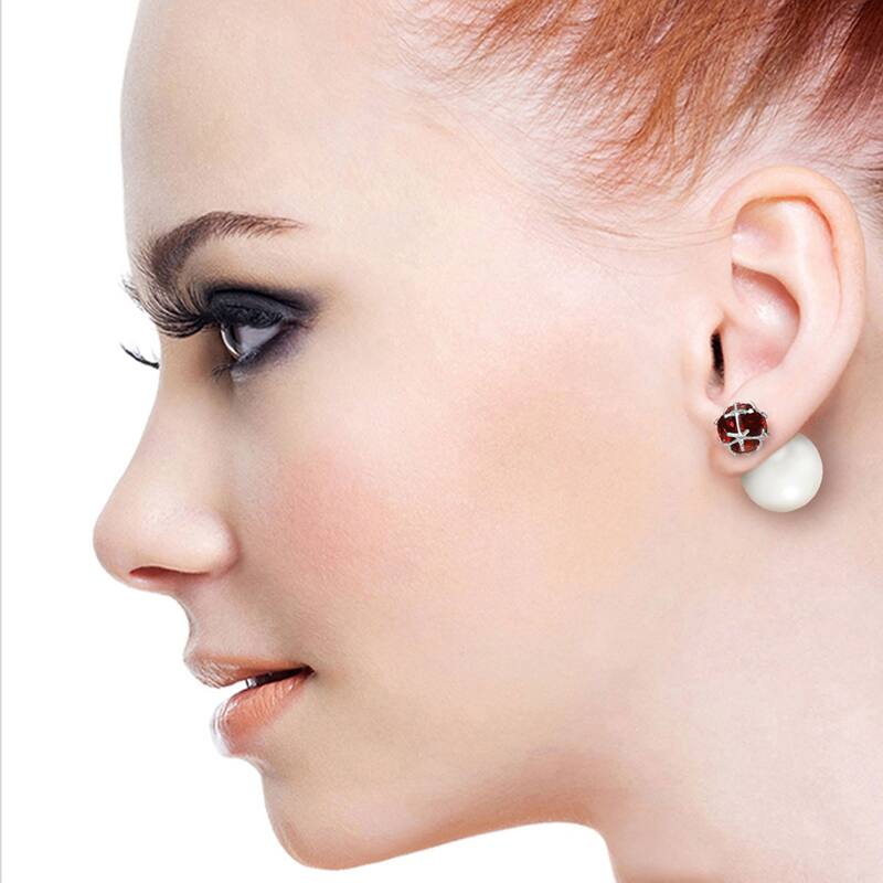14K Solid Gold Tribal Double Shell Pearls And Garnets Stud Earrings