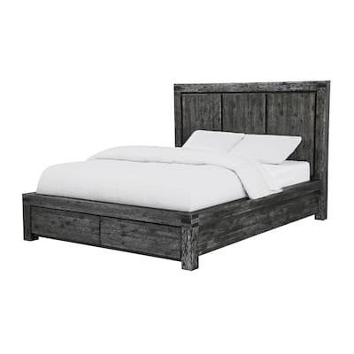 Pim Solid Wood Plank Panel Platform Queen Bed with Storage, Brushed Gray