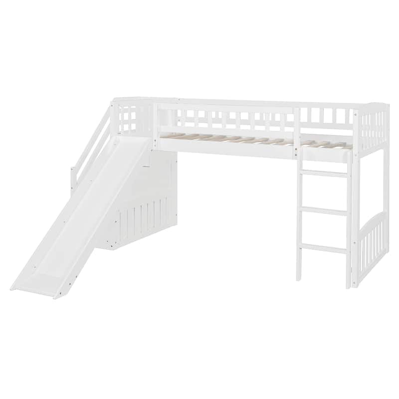 All-in-one Loft Bed Built-in Ladder Wood Frame Loft Bed with Slide, 2 Drawers, Storage Stairs & Underbed Activity Space for Kids
