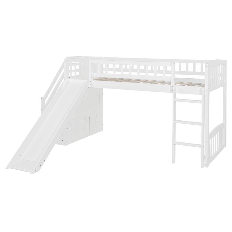 Twin Size Loft Bed with Slide, Storage Staircase and Safety Guardrails