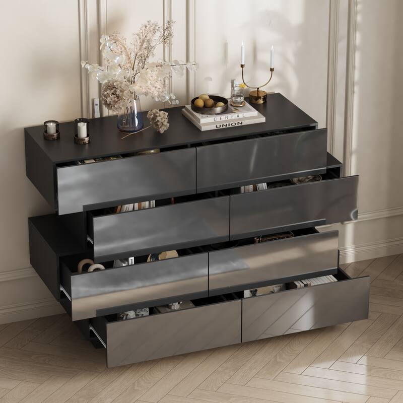 Sleek High Gloss White Eight-Drawer Dresser, Storage Unit Chest