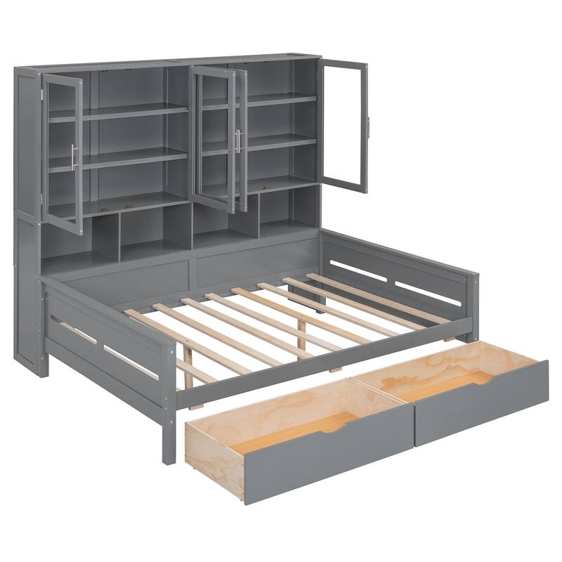 Roomfitters Wooden Daybed with Glass-Door Cabinets, Built-in Lighting and Storage Shelves