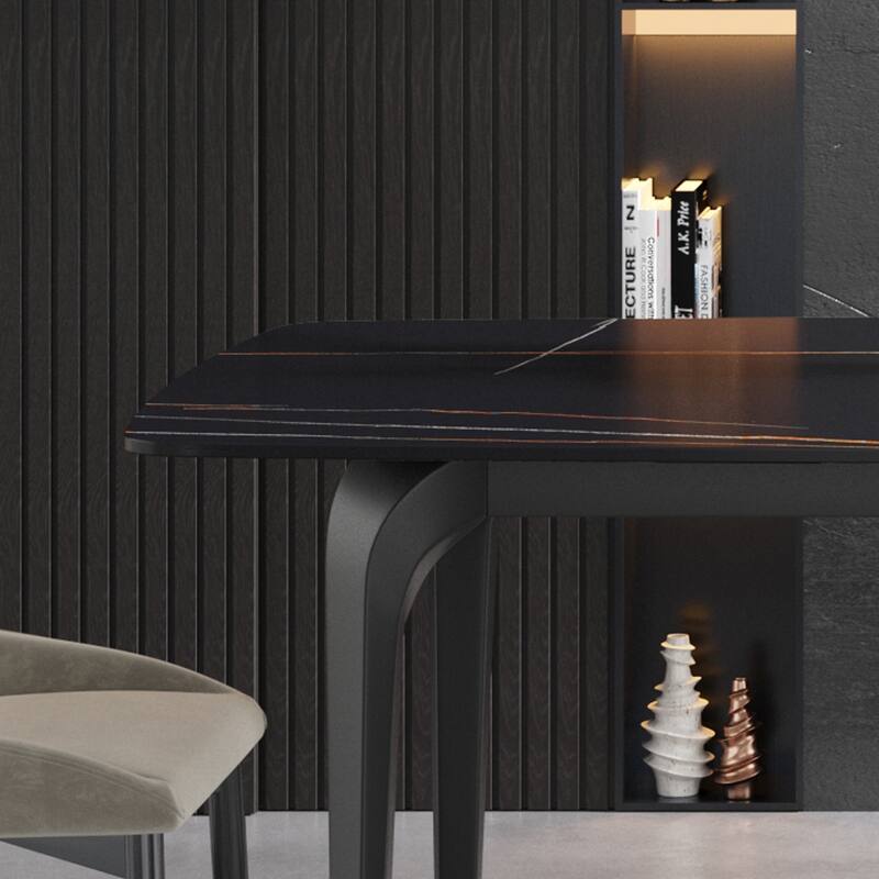 70.87"Modern artificial stone curved black metal leg dining table-can accommodate 6-8 people