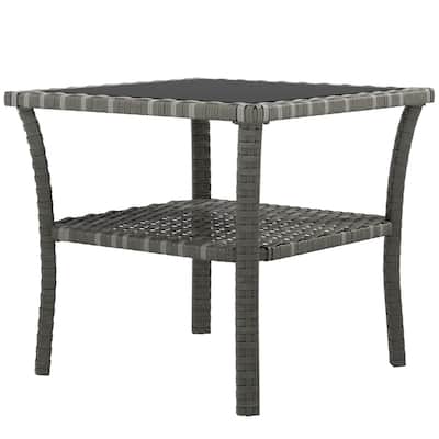 Mixed Grey-Black Aluminum PE Rattan Outdoor Coffee Table 2-Tier - 19.75" L x 19.75" W x 17.75" H