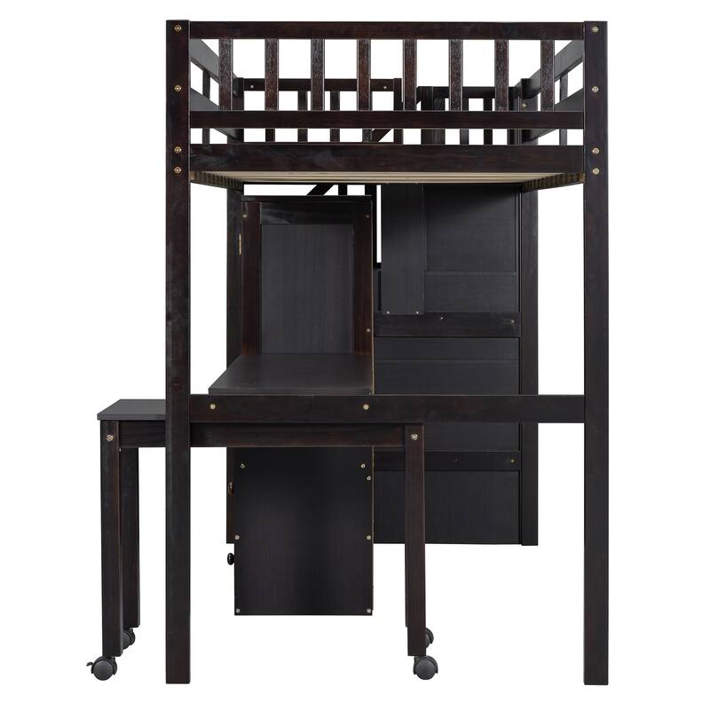 Space-Saving Loft Bed with Shelves Wardrobe, Movable table & Side Desk, Wooden Twin Bed Frmae wiht Storage Stairs & Two Drawers