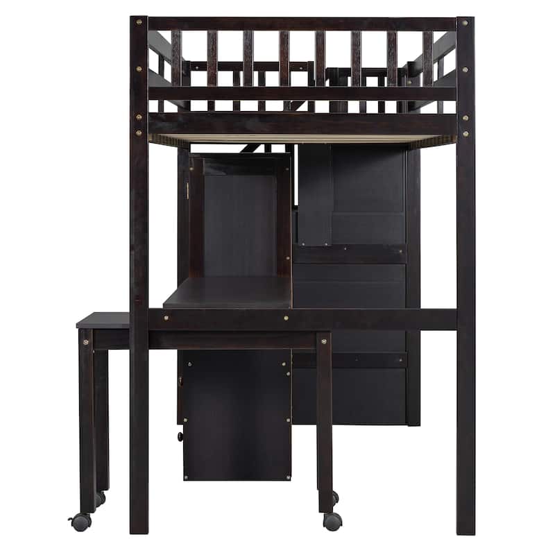 Twin/Full Size Wooden Loft Bed with Stairway and Bookshelf, Solid Pinewood Storage Playhouse Bed Frame with Desk and Wardrobe
